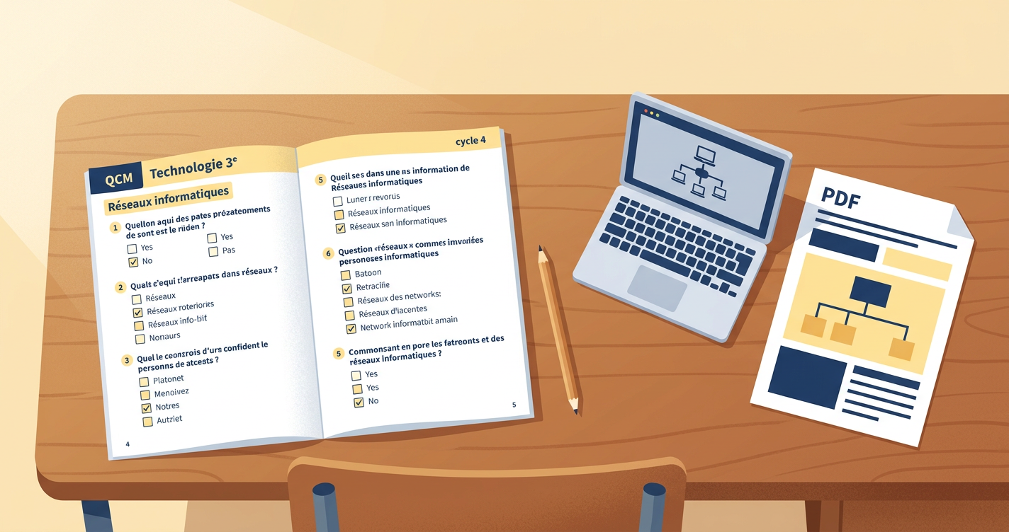 QCM de technologie 3e en PDF : cahier d'élève, crayon et grille de réponses sur fond pédagogique