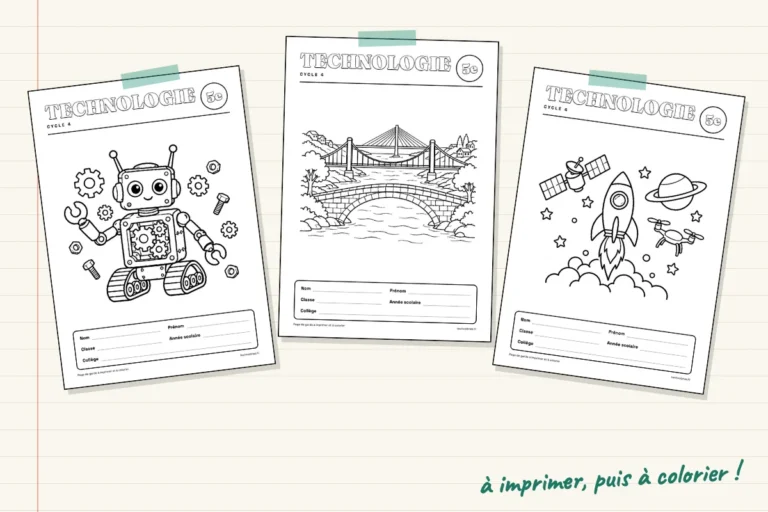 Trois modèles de page de garde de technologie à colorier : robot, ponts et fusée