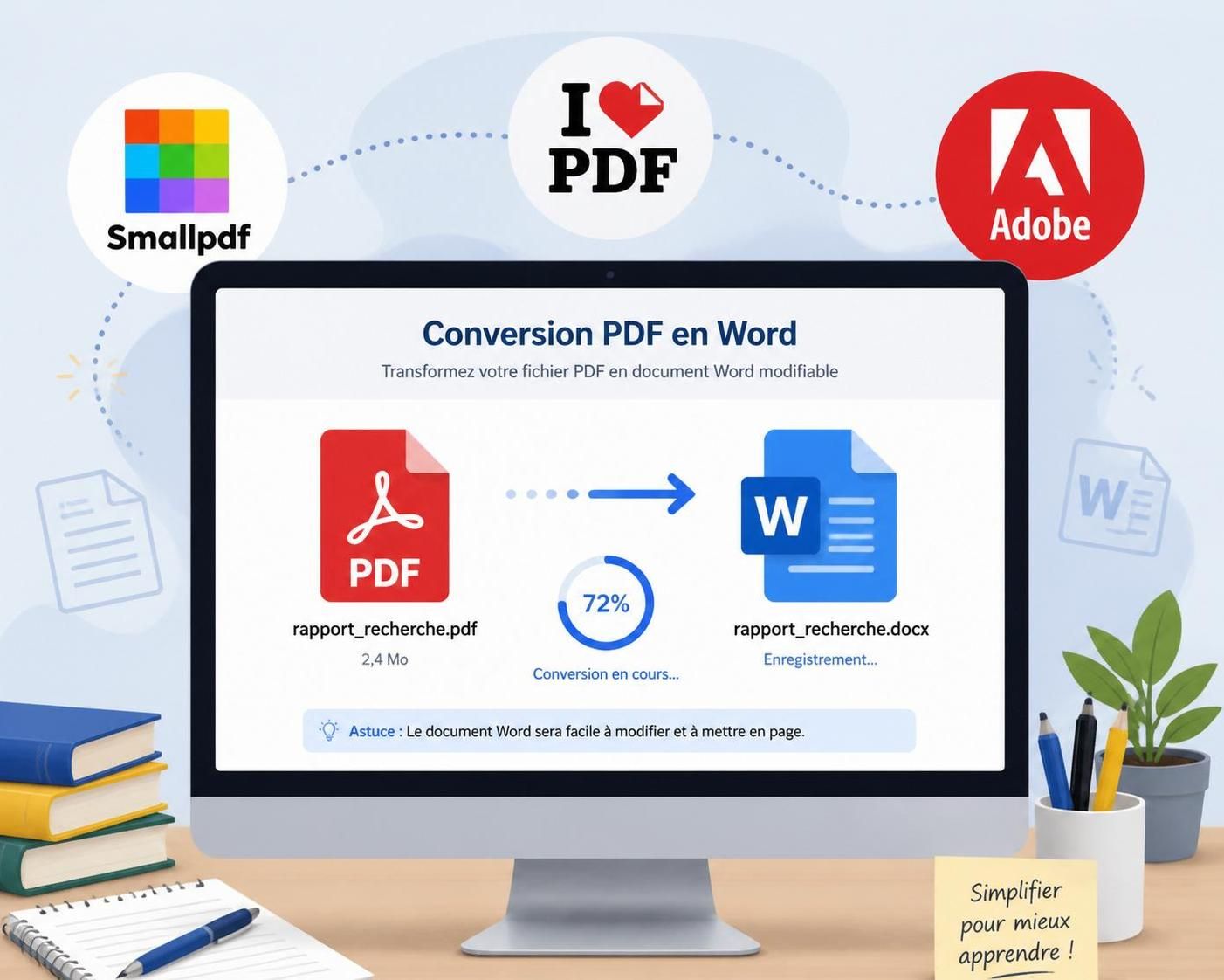 convertissez facilement vos fichiers pdf en documents word gratuitement, sans besoin d'installation. rapide, pratique et accessible en ligne.