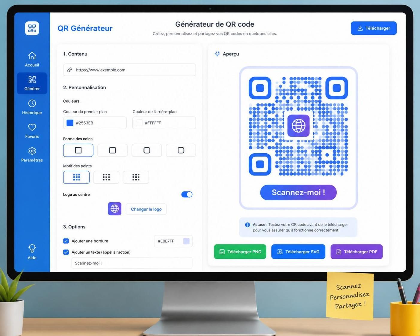 générez facilement et gratuitement votre qr code personnalisé en quelques clics grâce à notre outil simple et rapide.