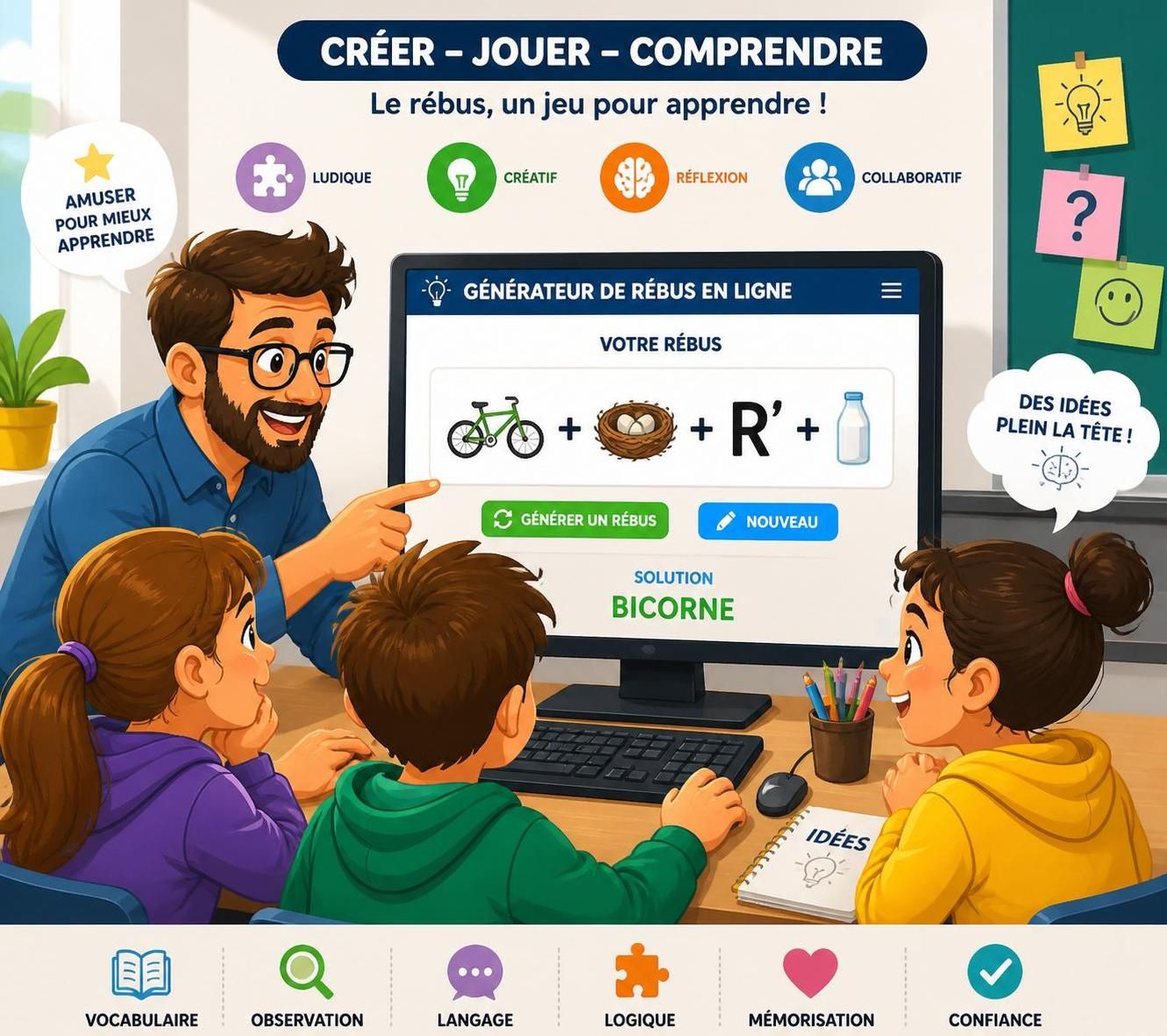rébus-o-matic : générez facilement des rébus personnalisés pour tous vos loisirs et défis d’esprit. amusez-vous à créer et résoudre des énigmes visuelles en quelques clics.