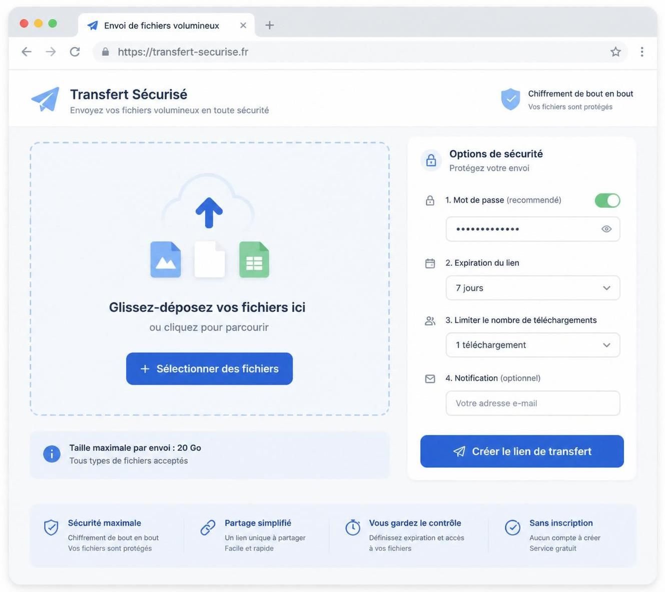 sendgb vous permet d'envoyer facilement et gratuitement des fichiers volumineux, sans inscription ni limite de poids, en toute sécurité.