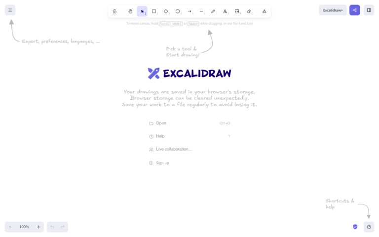 Interface d'Excalidraw, tableau blanc en ligne gratuit