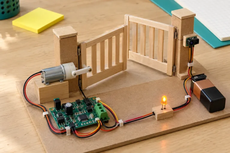 Maquette de portail automatique avec moteur, carte électronique, capteur, LED et pile