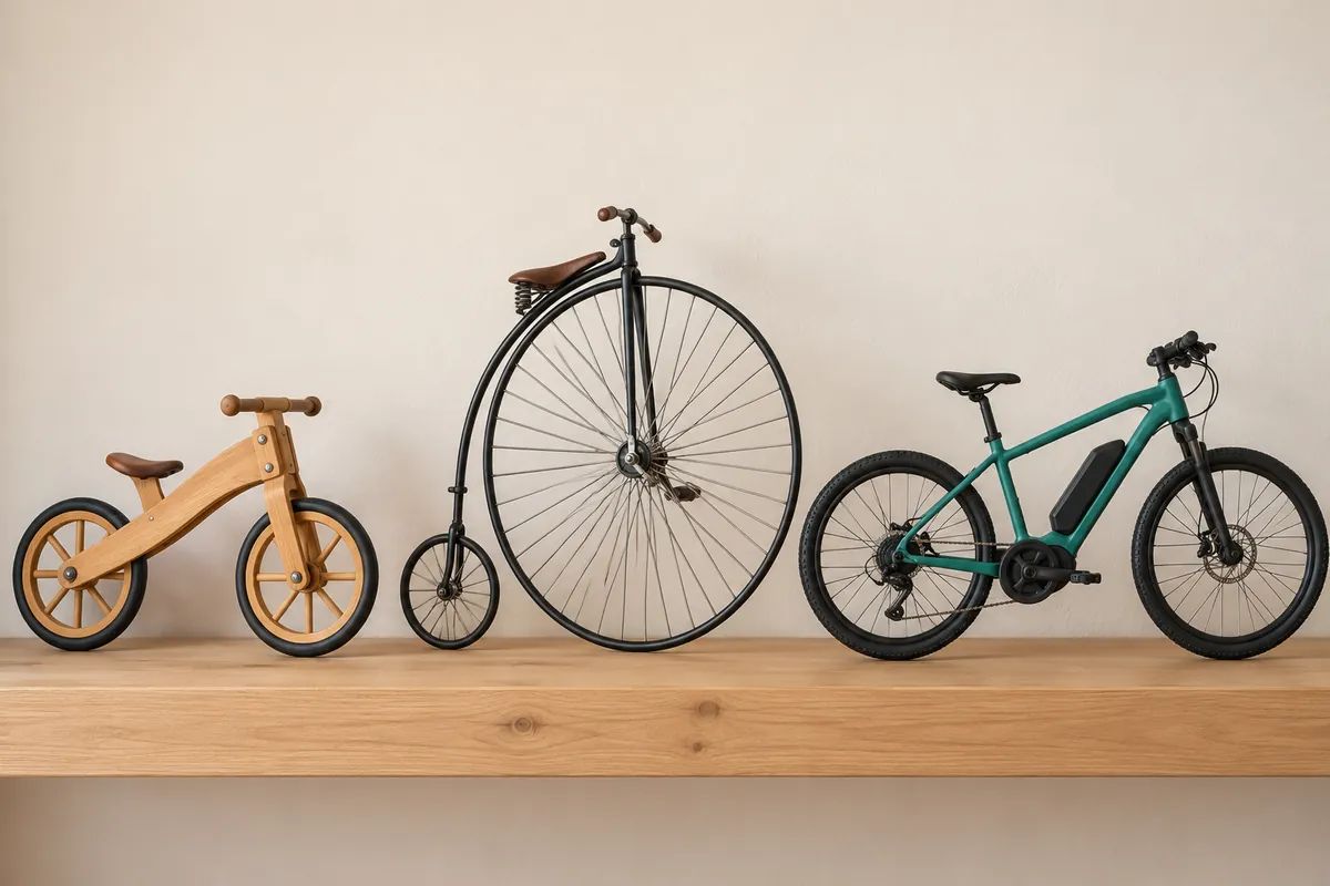 Lignée du vélo en modèles réduits : draisienne, grand-bi et vélo à assistance électrique