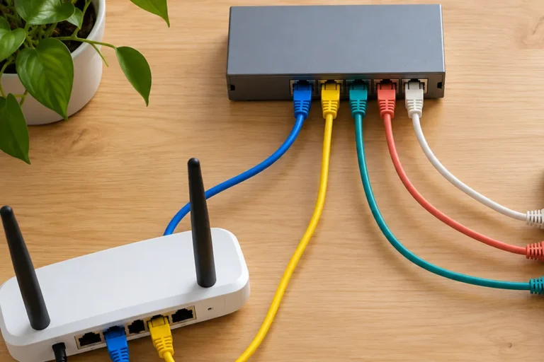 Commutateur réseau relié par des câbles de couleur à une box internet