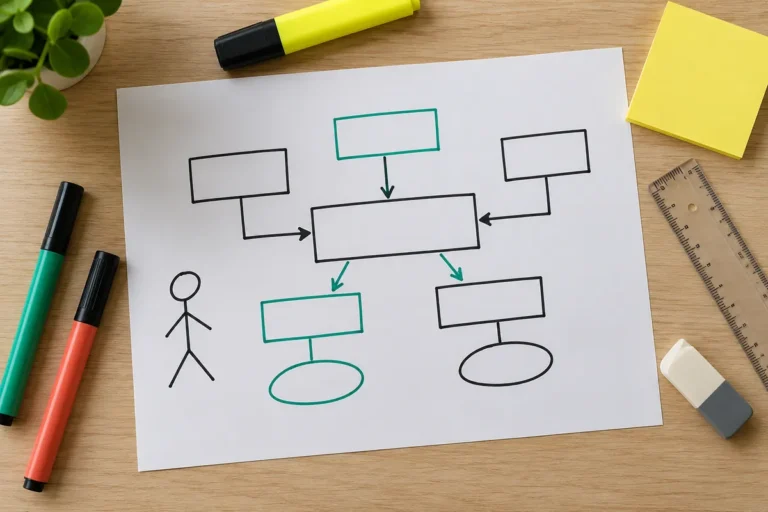 Diagrammes en blocs dessinés au feutre, avec un acteur en bonhomme bâton