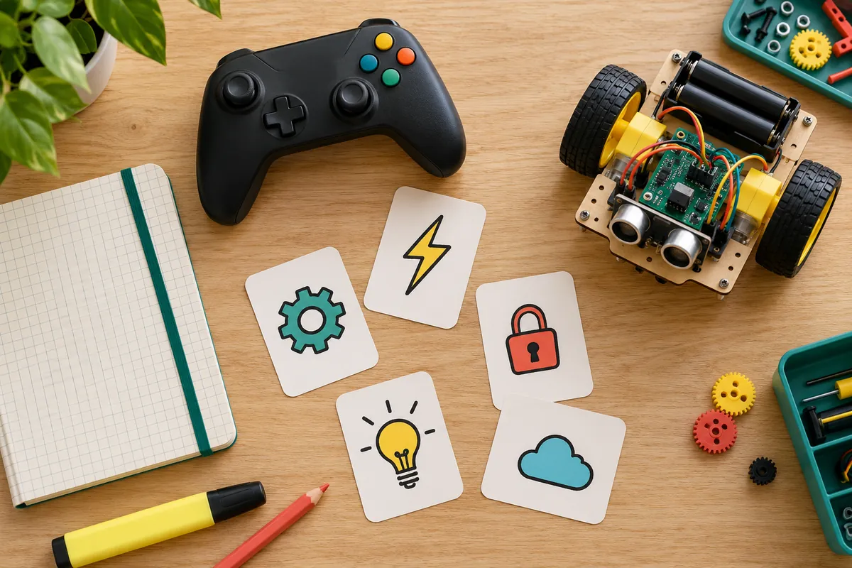 Manette de jeu, petit robot à roues et cartes illustrées pour réviser la technologie