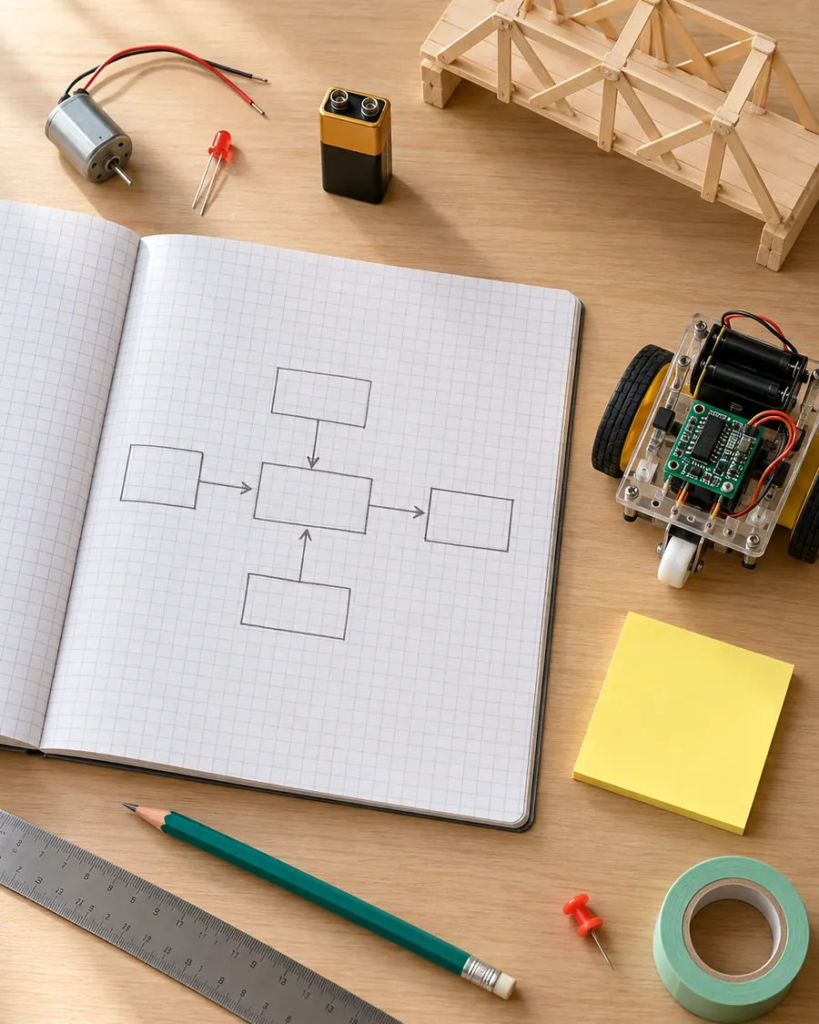 Bureau de technologie vu de dessus : cahier à carreaux avec un schéma en blocs, petit moteur, LED, maquette de pont en bois et petit robot à roues