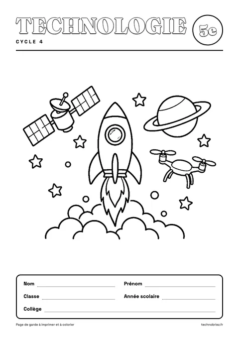 Page de garde de technologie à colorier : la fusée (modèle 5e)