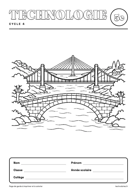 Page de garde de technologie à colorier : les ponts (modèle 5e)